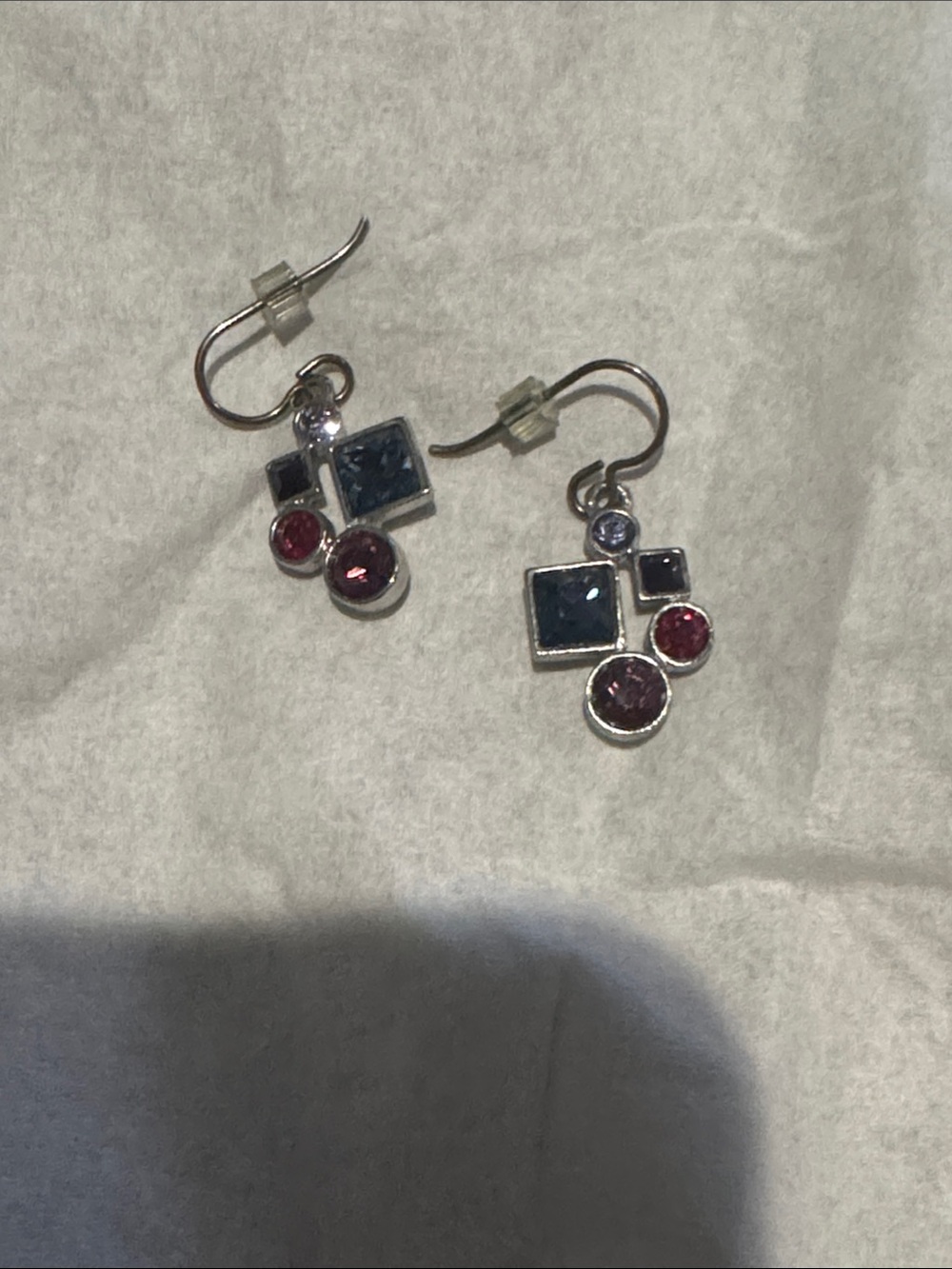 Patricia Locke Silver Drop Earrings with Blue and Pink Gemstones